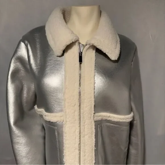 Silver Bomber Jacket Shearling Aviator Coat Steampunk Glam Rock Large - Picture 4 of 5
